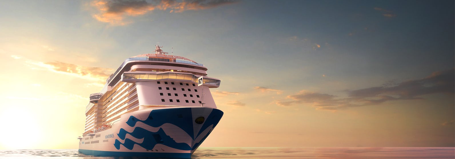 Bild framifrån i solnedgången på Princess Cruises fartyg Enchanted Princess.