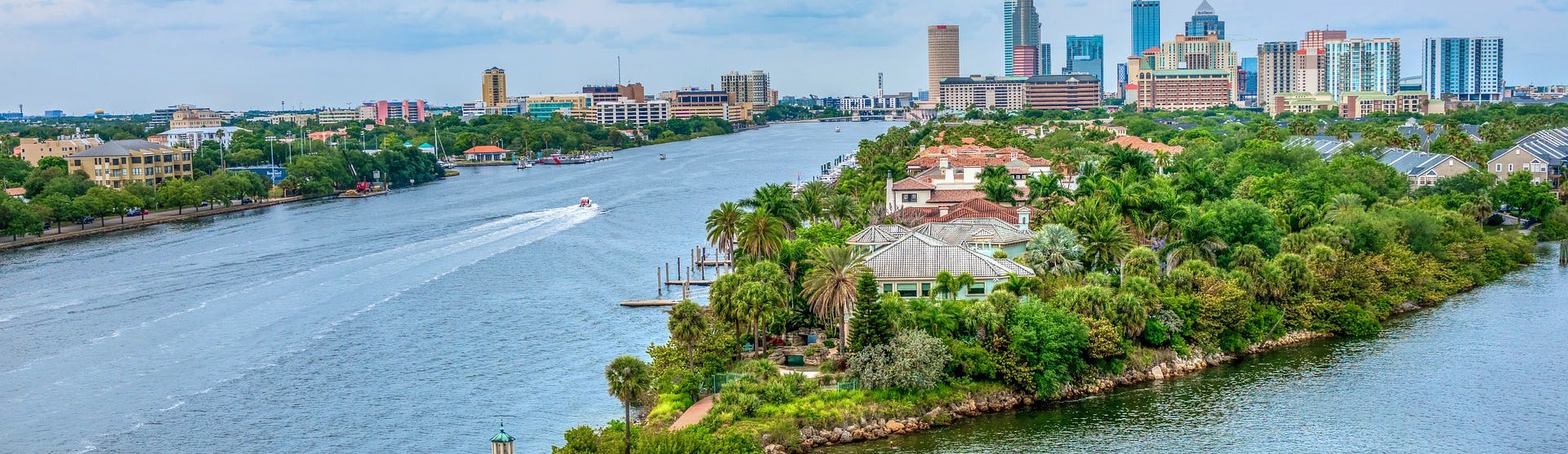 Bild på en halvö i Tampa med hus, palmer, vattnet och höghus i bakgrunden.