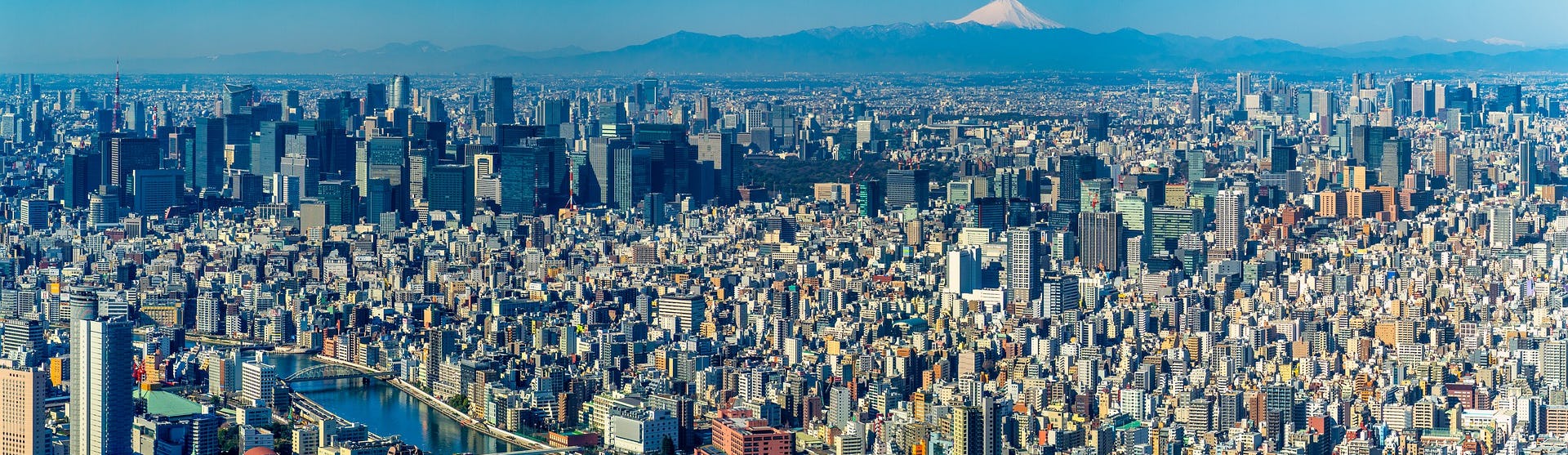 Översiktsbild tagen på Tokyo med mängder av höga byggnader och berget Fuji i bakgrunden.