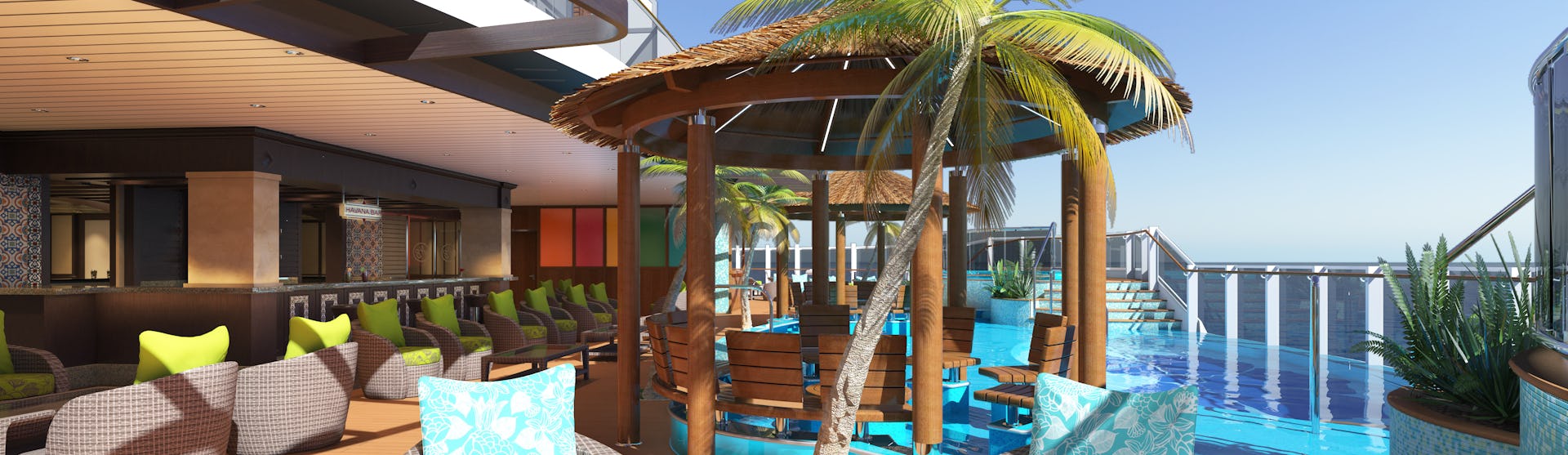 Bild på fartyget Carnival Horizon's pooldäck med palm, solstolar och en pool.