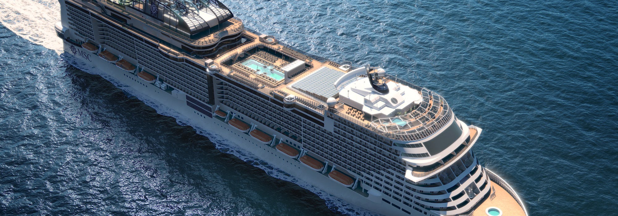 Bild snett ovanifrån på MSC Cruises nyaste fartyg MSC Grandiosa.